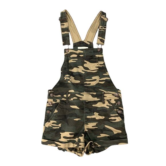 Forever 21 Camo Denim Overalls Womens 27 Cuffed Pockets Stretch Cotton Shortalls - Picture 1 of 11